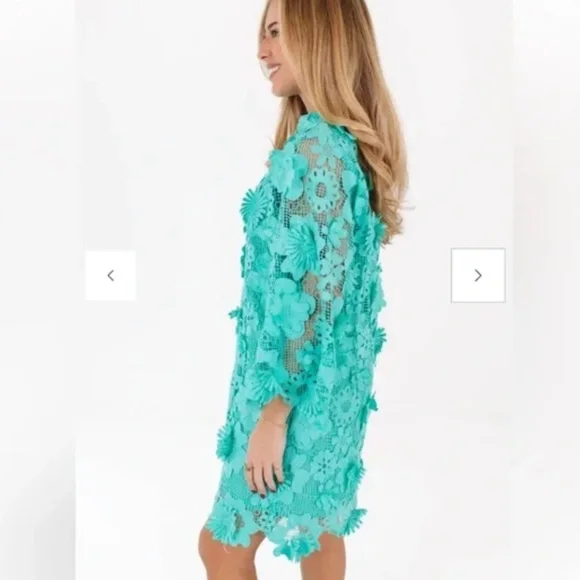 J.Marie Seraphina Dress XS mint green Short Floral 3D Lace caftan XSmall - Picture 2 of 6